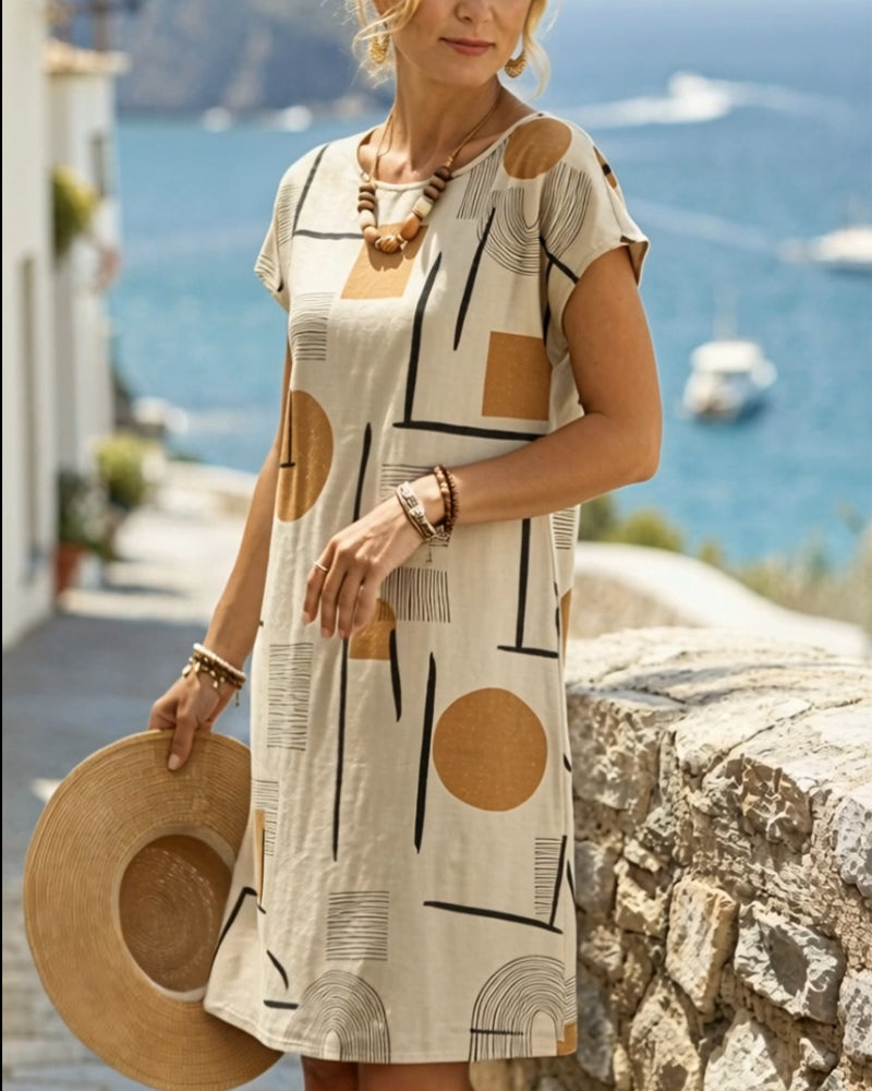 Odessa | Women's Geometric Print Short Sleeve Midi Dress - Cream - Image 2