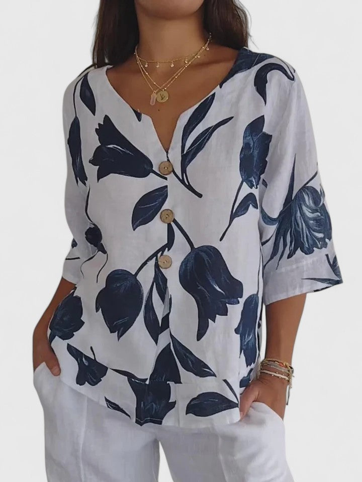 Opaline | Women's Floral Print V-Neck 3/4 Sleeve Blouse - Floral - Image 1