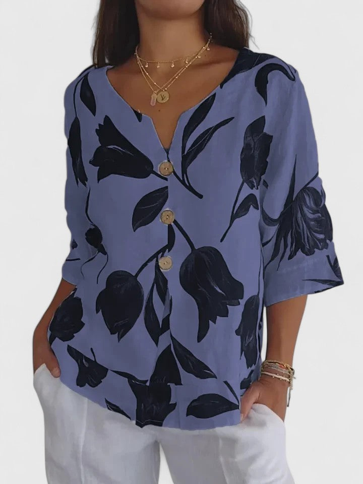 Opaline | Women's Floral Print V-Neck 3/4 Sleeve Blouse - Floral - Image 2