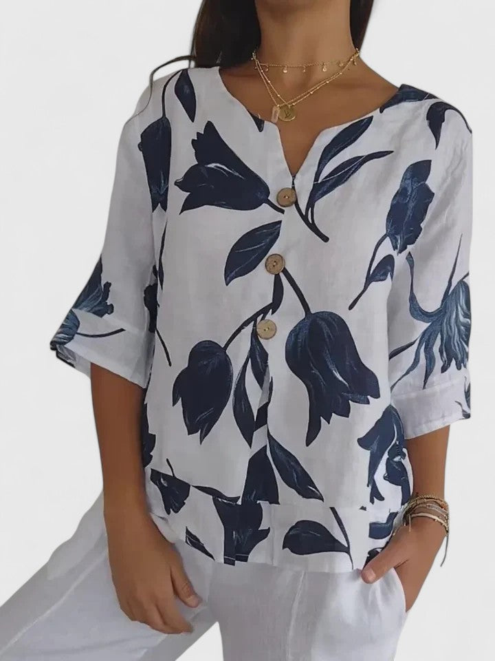 Opaline | Women's Floral Print V-Neck 3/4 Sleeve Blouse - Floral - Image 3