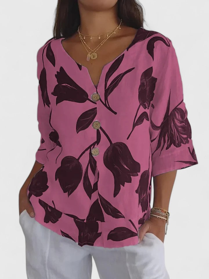 Opaline | Women's Floral Print V-Neck 3/4 Sleeve Blouse - Floral - Image 4
