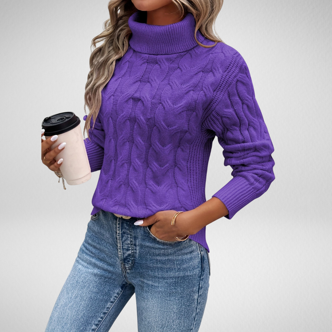 Oralyn | Women's Cable Knit Turtleneck Sweater - Purple - Image 1
