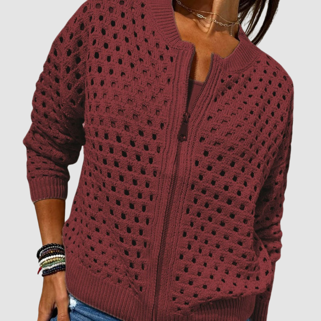 Orvyn | Women's Hollow Knit Zip-Up Cardigan - Beige - Image 6