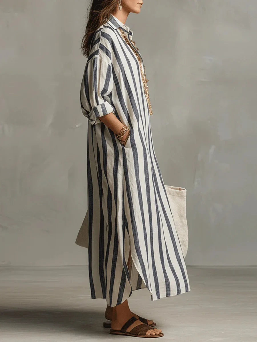 Paloma | Women's Striped Long Sleeve Shirt Dress - Striped - Image 2