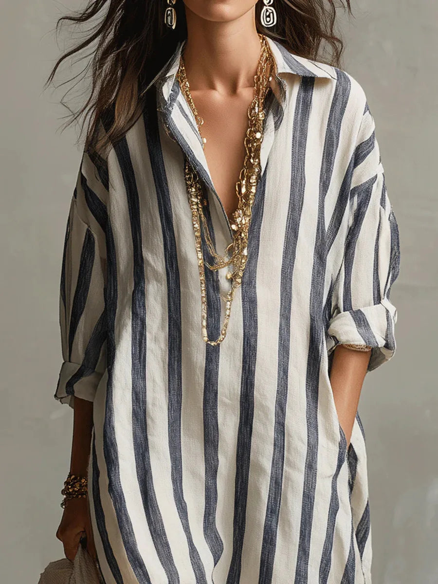 Paloma | Women's Striped Long Sleeve Shirt Dress - Striped - Image 3
