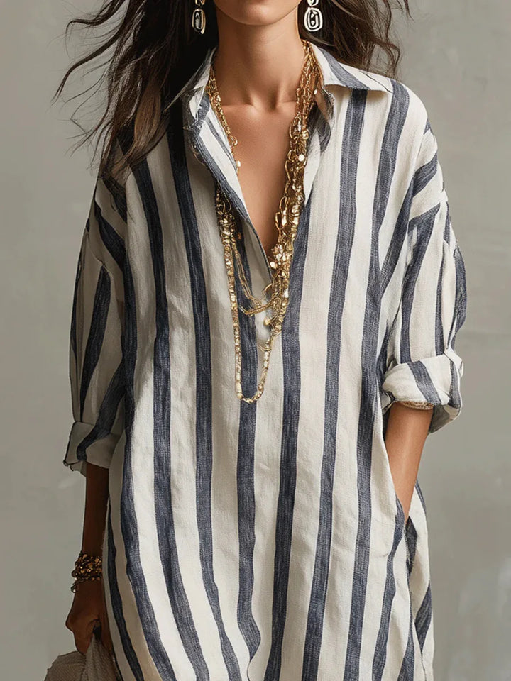 Paloma | Women's Striped Long Sleeve Shirt Dress - Striped - Image 3