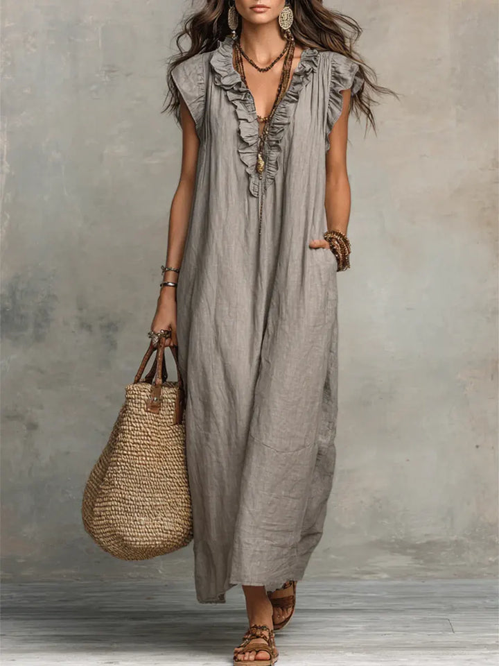 Priscilla | Women's Ruffle V-Neck Maxi Dress - Grey - Image 1