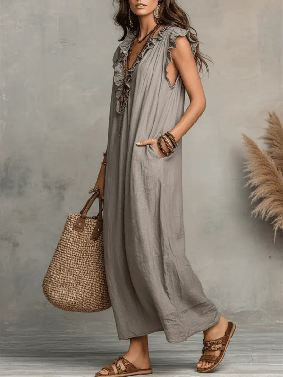 Priscilla | Women's Ruffle V-Neck Maxi Dress - Grey - Image 10