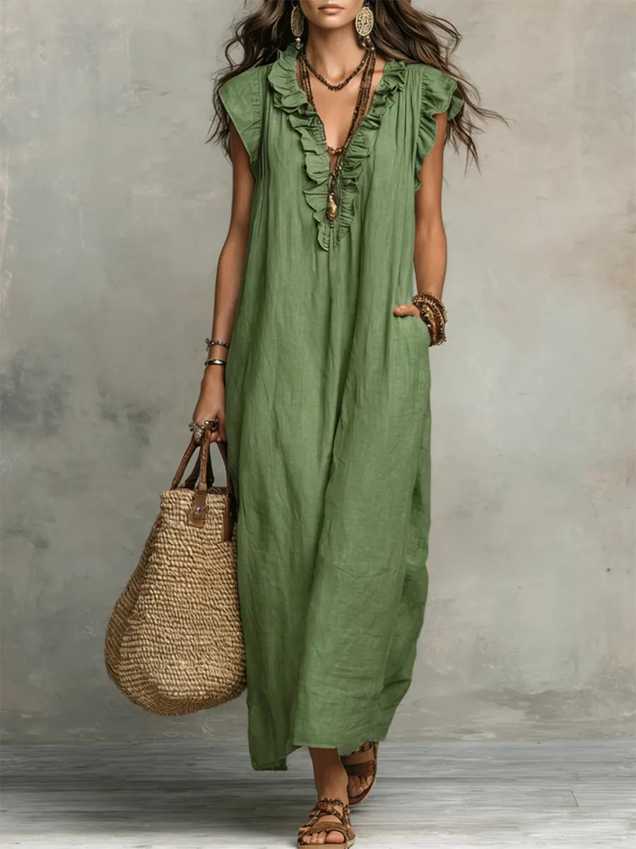 Priscilla | Women's Ruffle V-Neck Maxi Dress - Grey - Image 2