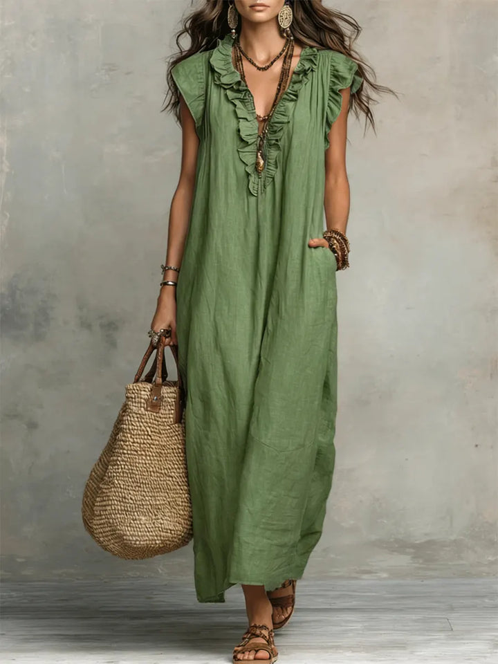 Priscilla | Women's Ruffle V-Neck Maxi Dress - Grey - Image 2