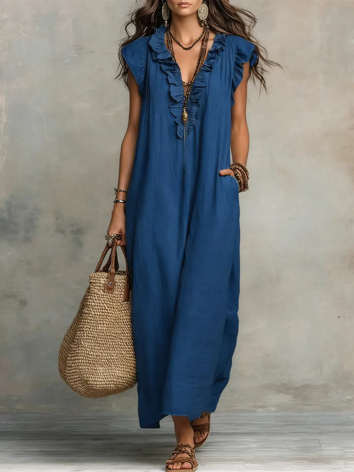 Priscilla | Women's Ruffle V-Neck Maxi Dress - Grey - Image 3