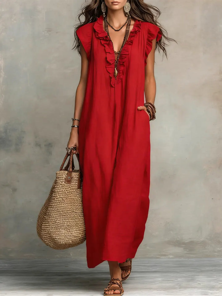 Priscilla | Women's Ruffle V-Neck Maxi Dress - Grey - Image 4