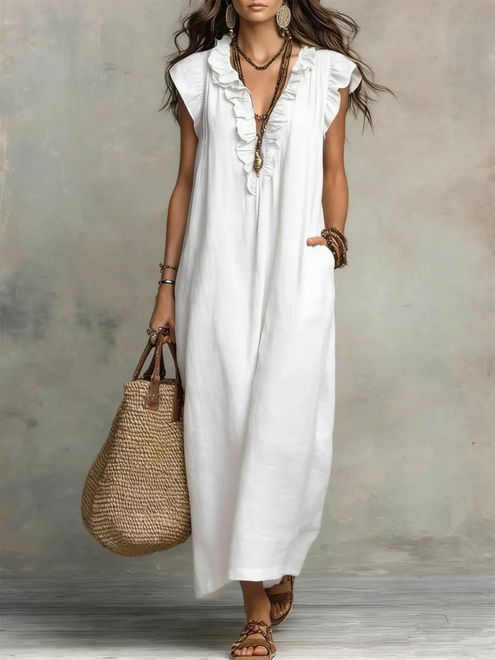 Priscilla | Women's Ruffle V-Neck Maxi Dress - Grey - Image 5