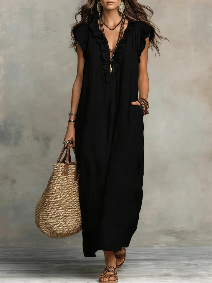 Priscilla | Women's Ruffle V-Neck Maxi Dress - Grey - Image 6