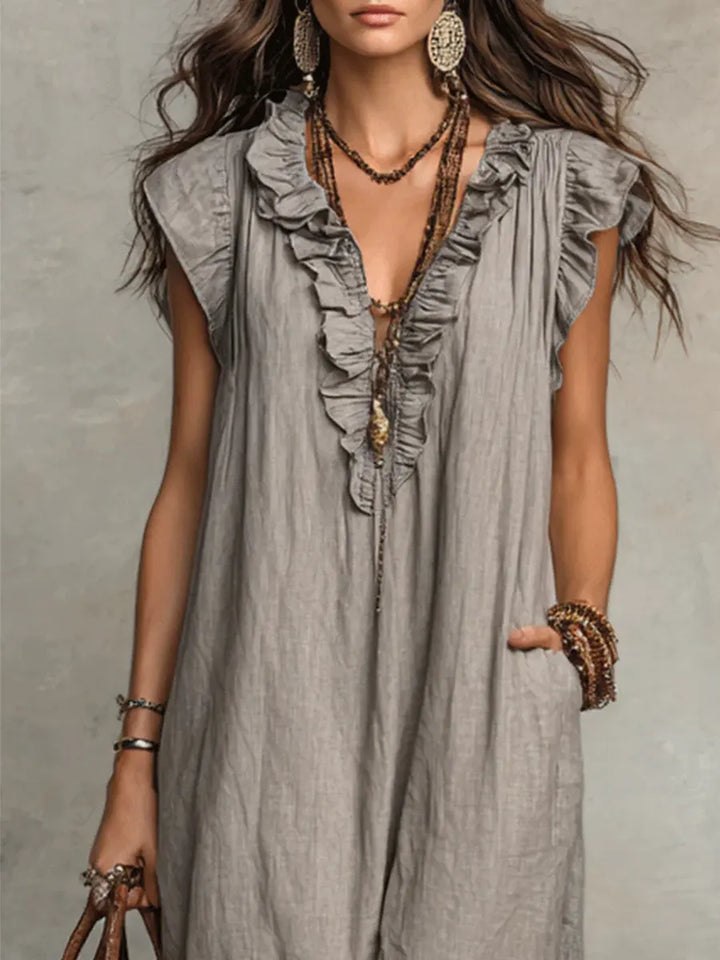 Priscilla | Women's Ruffle V-Neck Maxi Dress - Grey - Image 8
