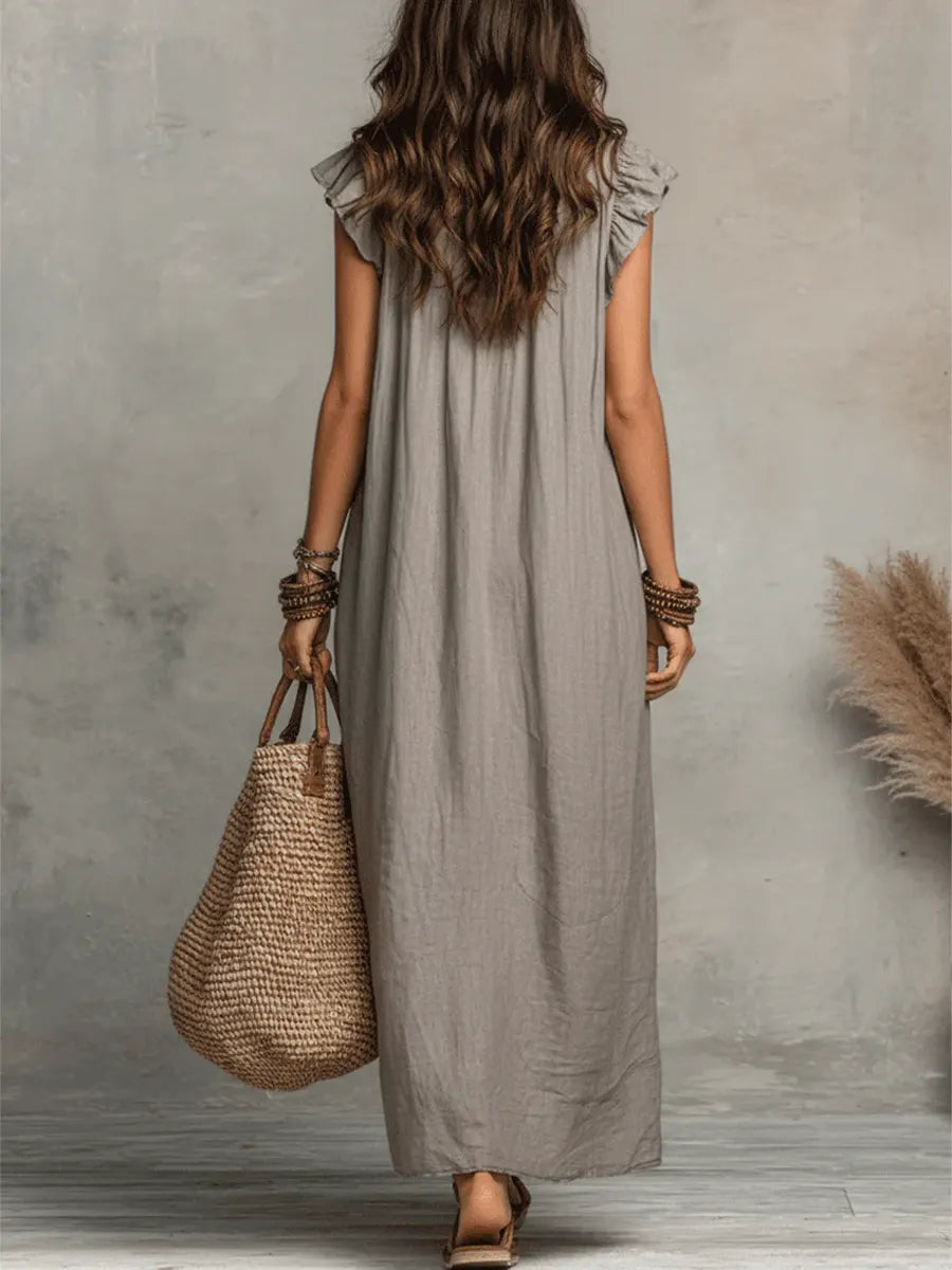 Priscilla | Women's Ruffle V-Neck Maxi Dress - Grey - Image 9