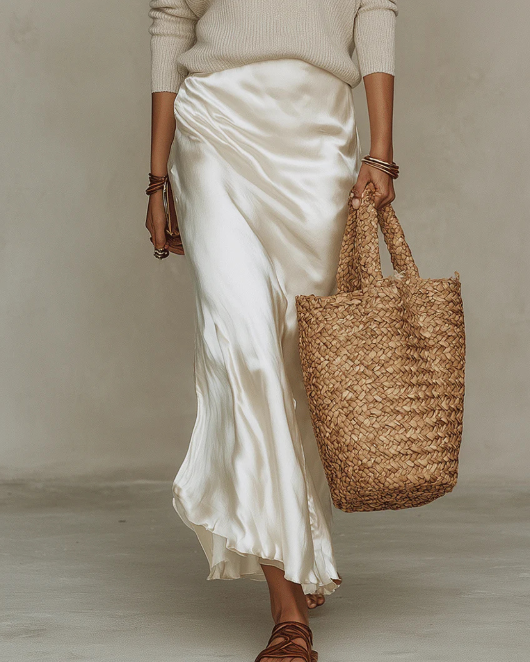 Priya | Women's Knit Sweater & Satin Midi Dress Set - Cream - Image 10