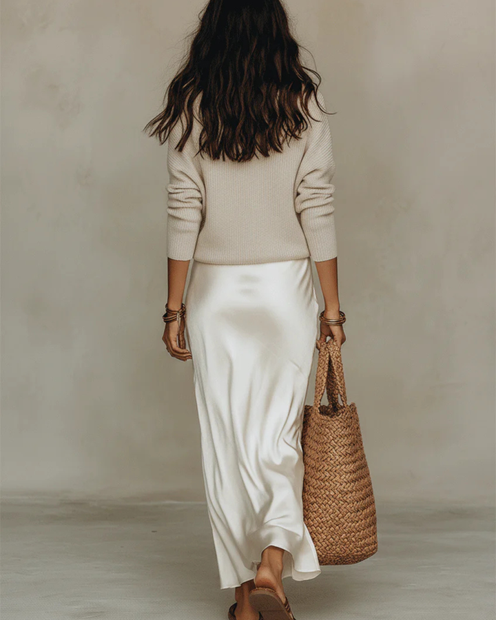 Priya | Women's Knit Sweater & Satin Midi Dress Set - Cream - Image 9