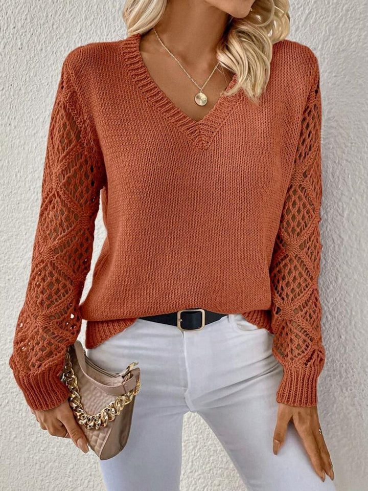 Quinara | Women's V-Neck Crochet Sleeve Sweater - Beige - Image 3