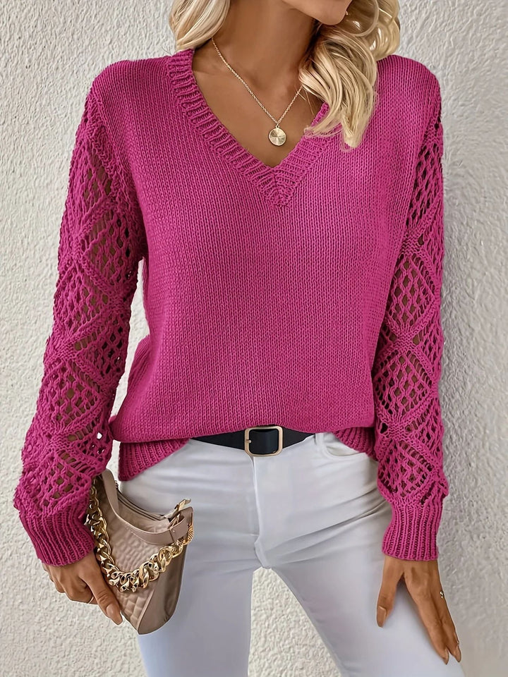 Quinara | Women's V-Neck Crochet Sleeve Sweater - Beige - Image 4