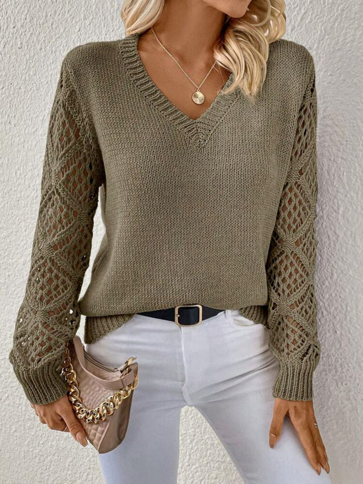 Quinara | Women's V-Neck Crochet Sleeve Sweater - Beige - Image 5
