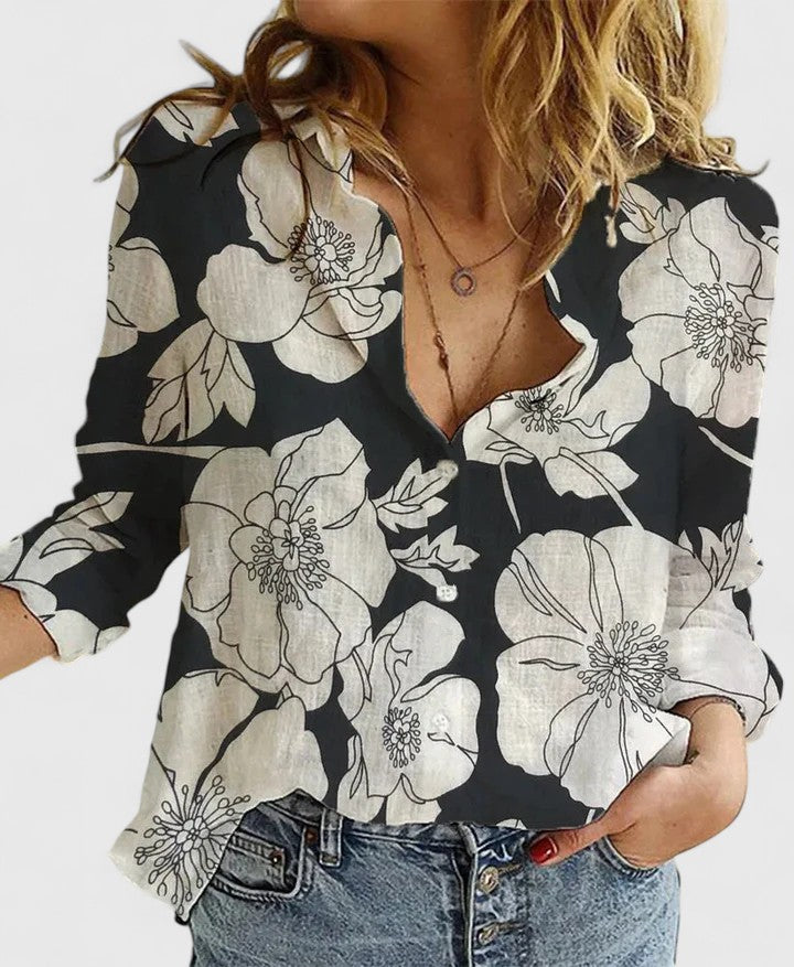 Quinby | Women's Floral Print Collared Blouse - Floral - Image 1