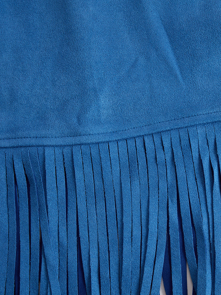 Ramona | Women's Western Fringe Zip Front Mini Dress - Blue - Image 11