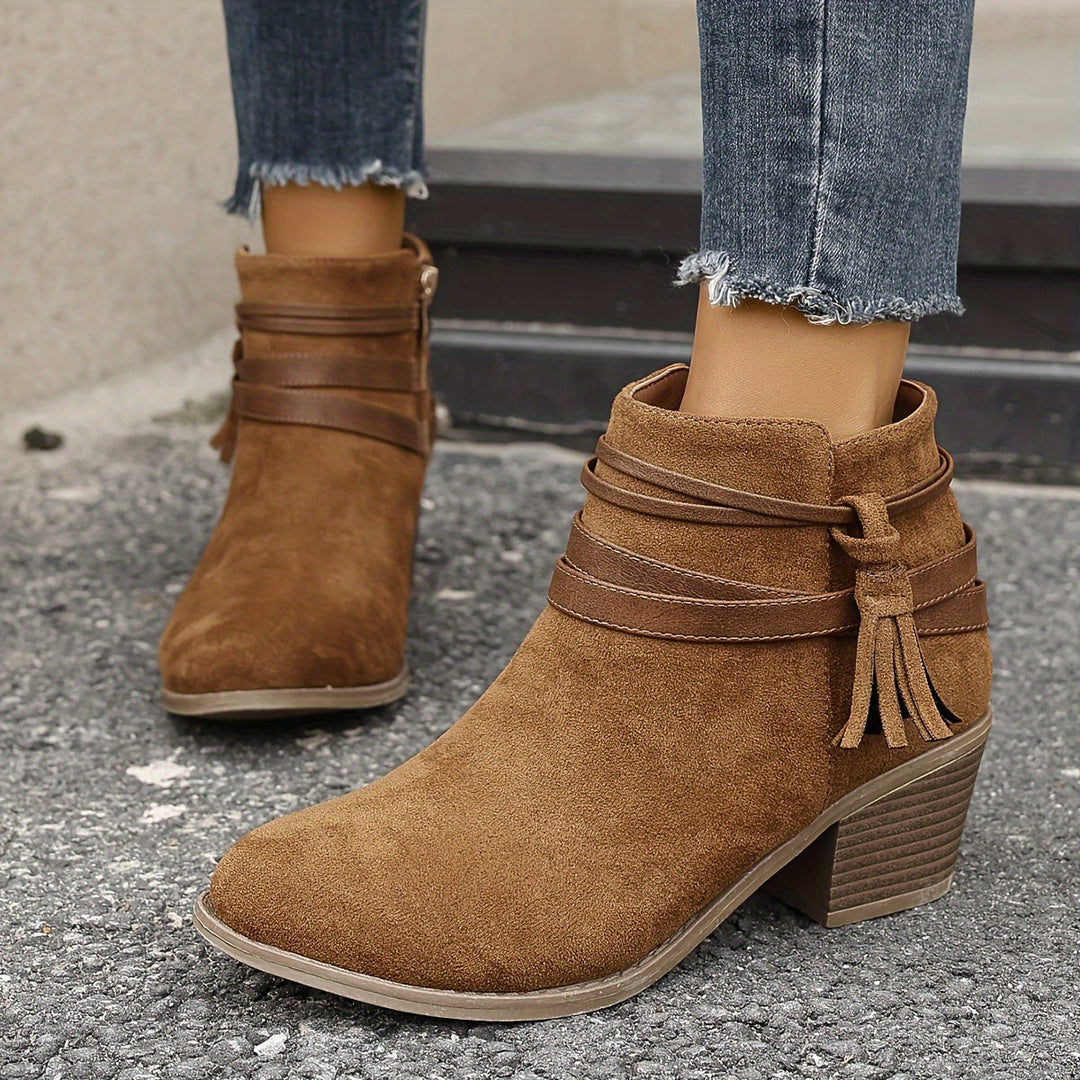Ravenna | Women's Tassel Ankle Boots with Block Heel - Black - Image 12