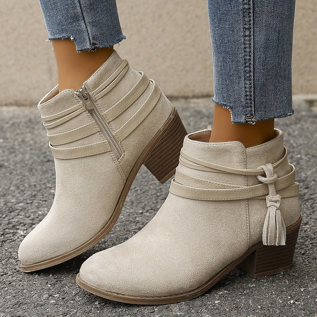 Ravenna | Women's Tassel Ankle Boots with Block Heel - Black - Image 3