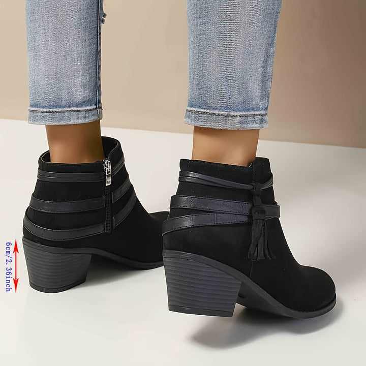 Ravenna | Women's Tassel Ankle Boots with Block Heel - Black - Image 4