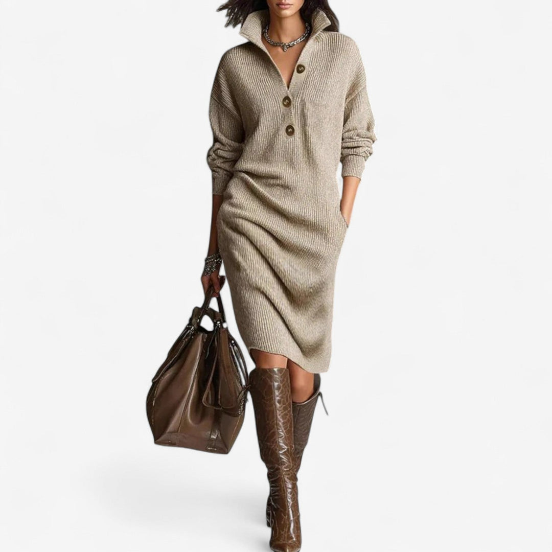Remy | Women's Knit Sweater Dress with Collar - Beige - Image 1