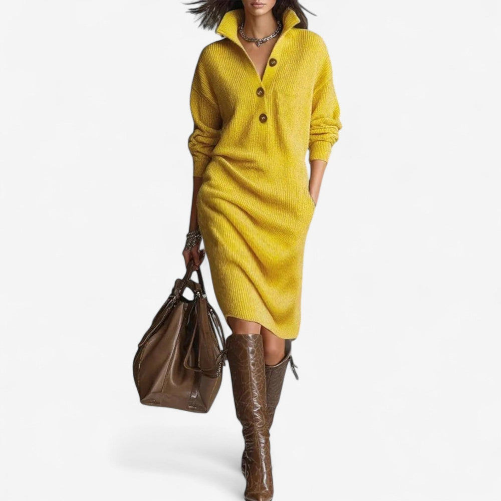 Remy | Women's Knit Sweater Dress with Collar - Beige - Image 2