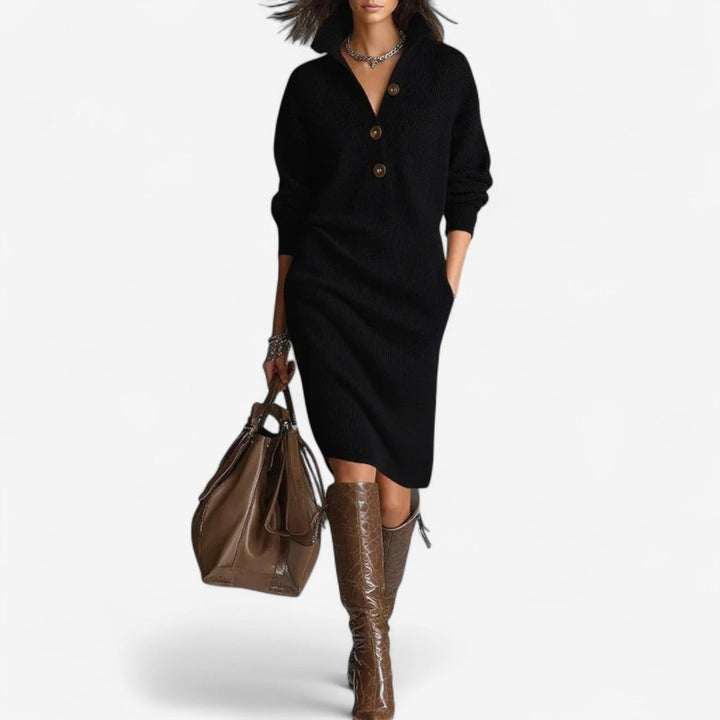 Remy | Women's Knit Sweater Dress with Collar - Beige - Image 3