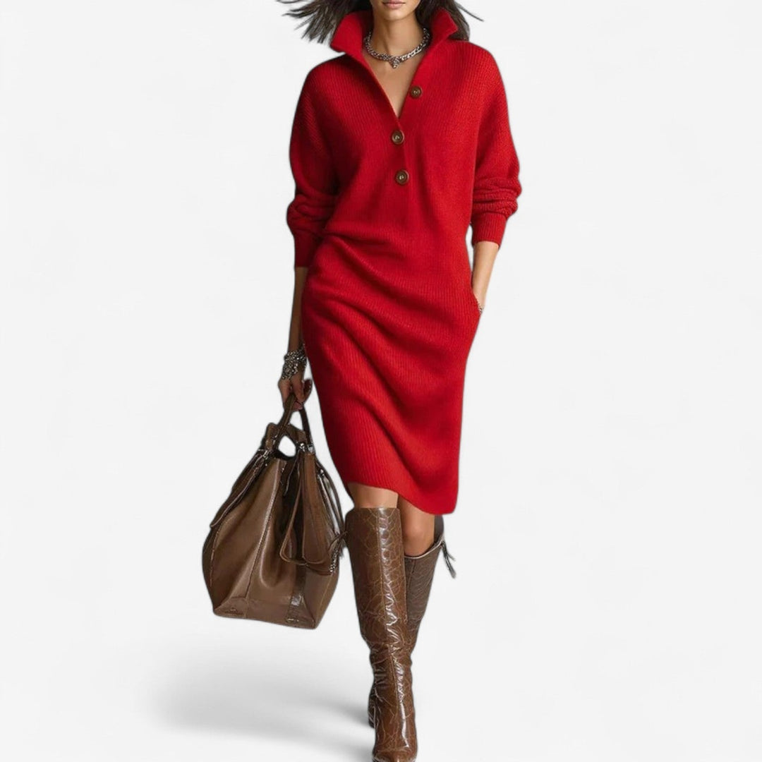 Remy | Women's Knit Sweater Dress with Collar - Beige - Image 4