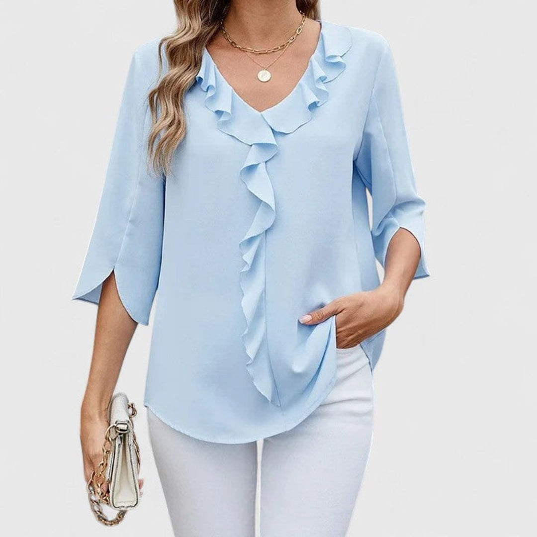 Renata | Women's Ruffle V-Neck 3/4 Sleeve Blouse - Baby Blue - Image 1