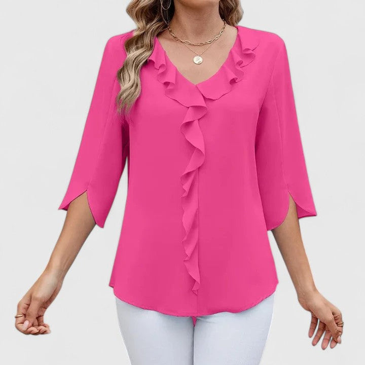 Renata | Women's Ruffle V-Neck 3/4 Sleeve Blouse - Baby Blue - Image 10