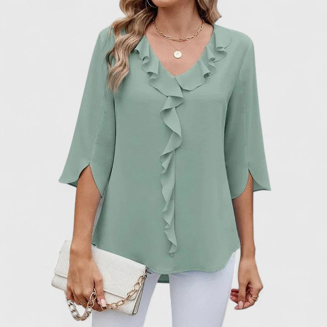 Renata | Women's Ruffle V-Neck 3/4 Sleeve Blouse - Baby Blue - Image 11