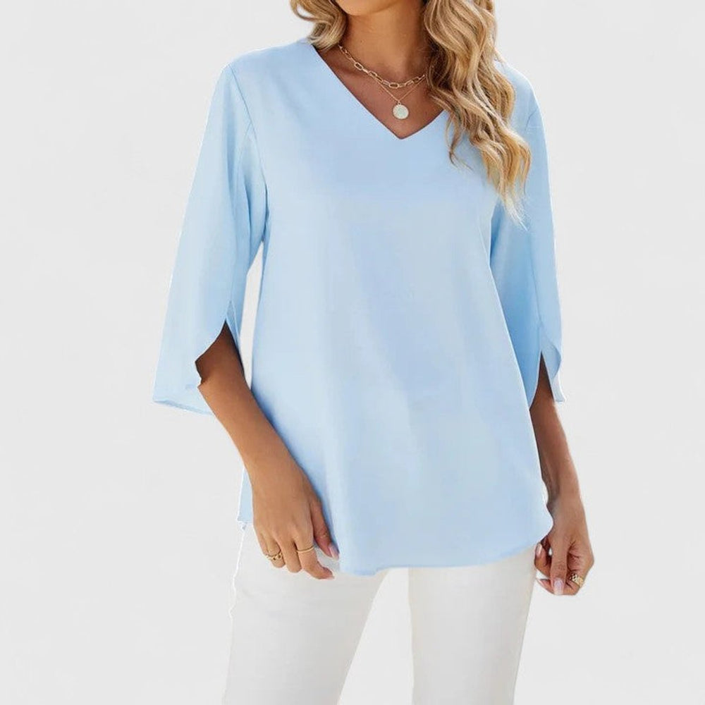 Renata | Women's Ruffle V-Neck 3/4 Sleeve Blouse - Baby Blue - Image 2