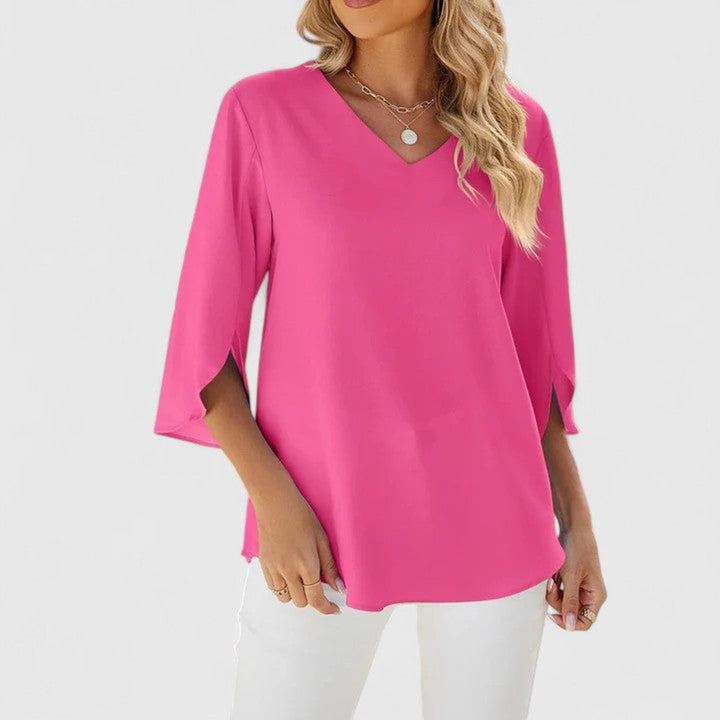 Renata | Women's Ruffle V-Neck 3/4 Sleeve Blouse - Baby Blue - Image 3