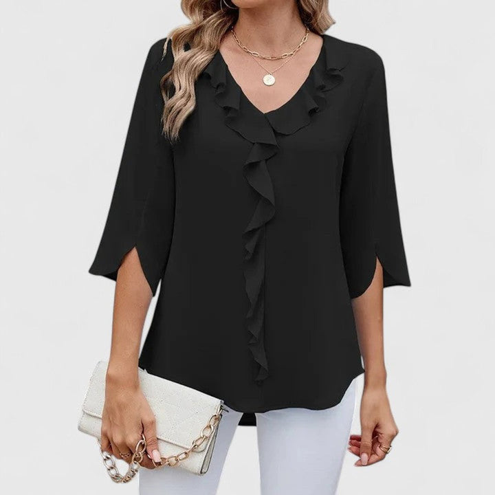 Renata | Women's Ruffle V-Neck 3/4 Sleeve Blouse - Baby Blue - Image 4