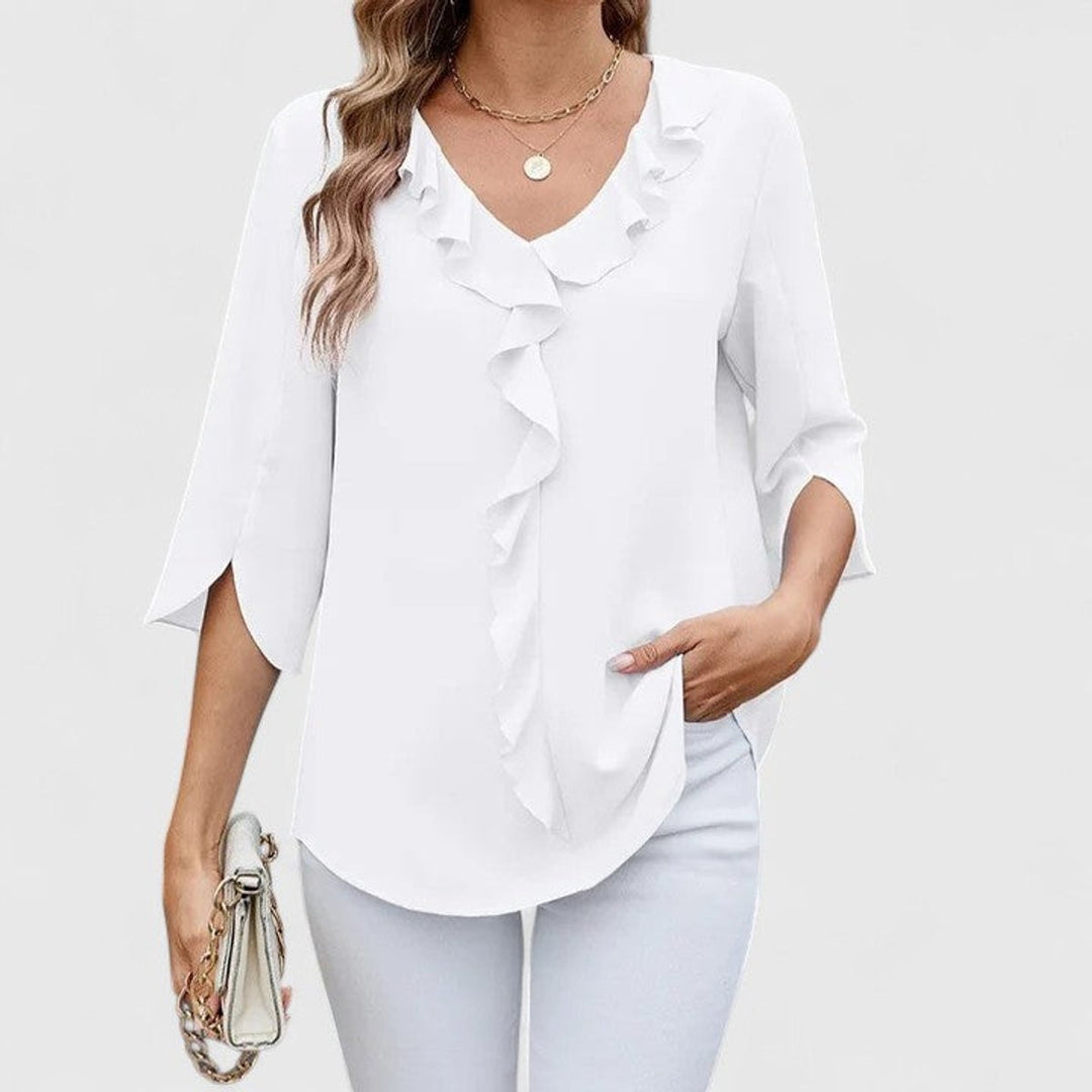Renata | Women's Ruffle V-Neck 3/4 Sleeve Blouse - Baby Blue - Image 5