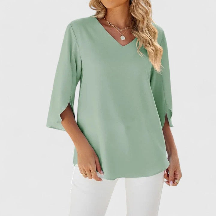 Renata | Women's Ruffle V-Neck 3/4 Sleeve Blouse - Baby Blue - Image 7