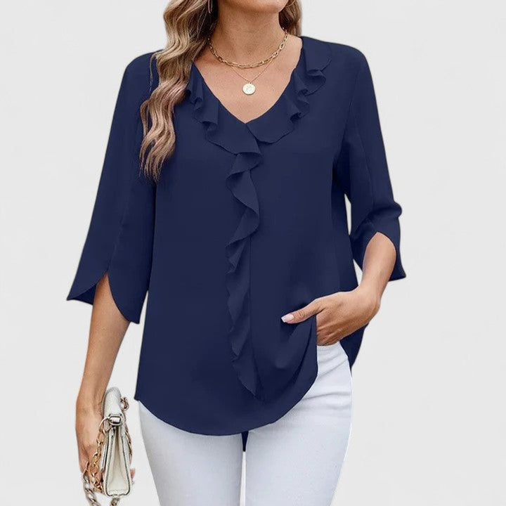 Renata | Women's Ruffle V-Neck 3/4 Sleeve Blouse - Baby Blue - Image 8