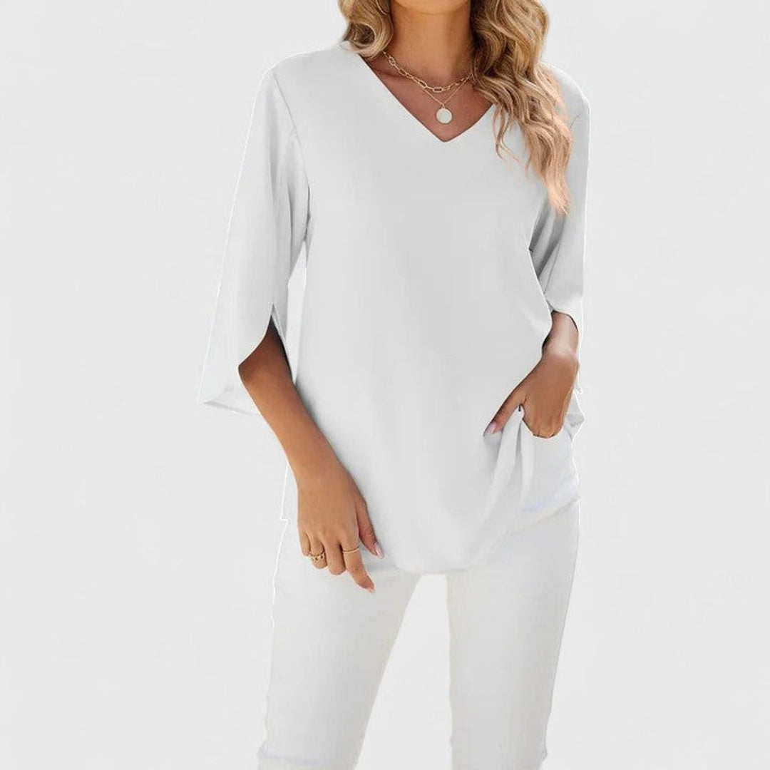 Renata | Women's Ruffle V-Neck 3/4 Sleeve Blouse - Baby Blue - Image 9