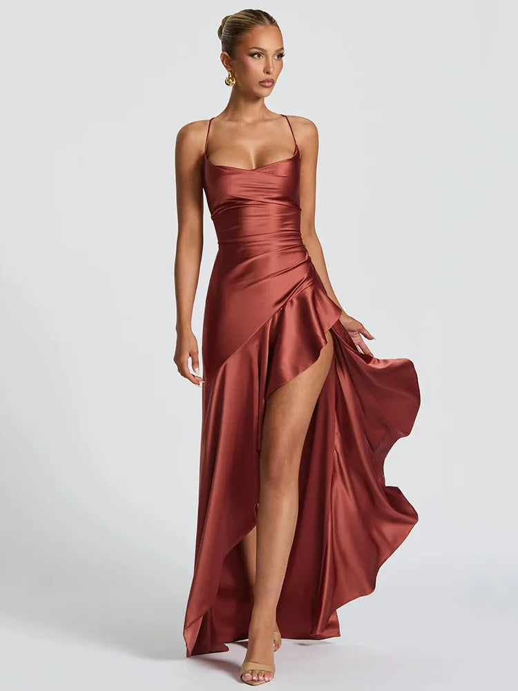 Renata | Women's Spaghetti Strap Ruched High Slit Maxi Dress - Burgundy - Image 1