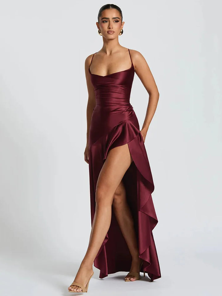 Renata | Women's Spaghetti Strap Ruched High Slit Maxi Dress - Burgundy - Image 10