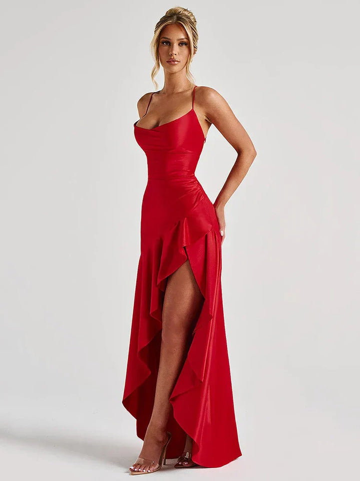 Renata | Women's Spaghetti Strap Ruched High Slit Maxi Dress - Burgundy - Image 3