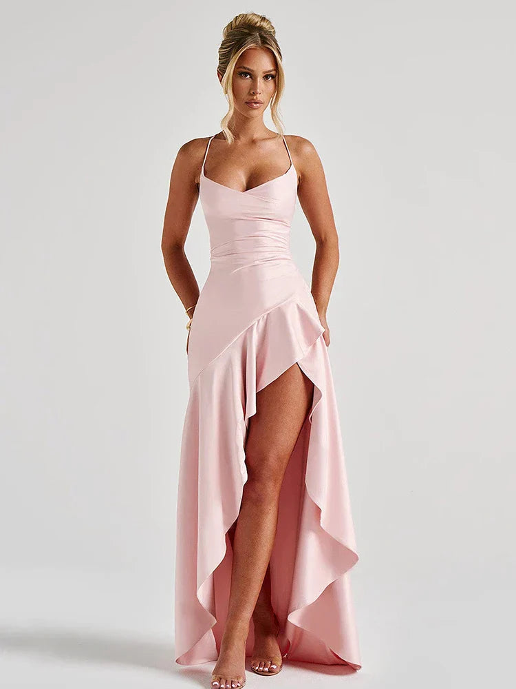 Renata | Women's Spaghetti Strap Ruched High Slit Maxi Dress - Burgundy - Image 6