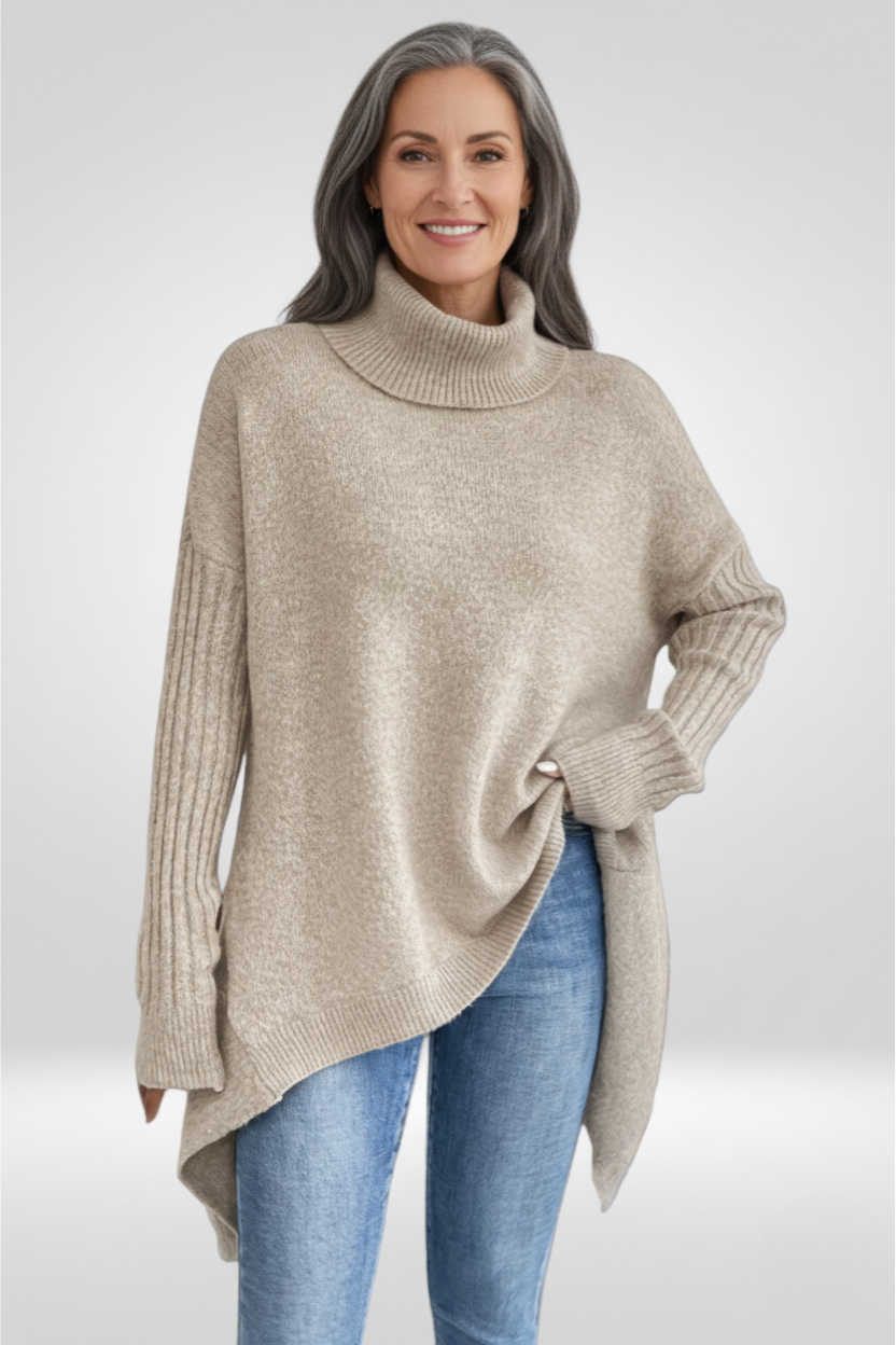 Romara | Women's Oversized Turtleneck Sweater - Beige - Image 2