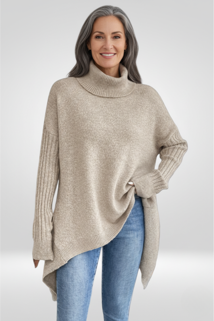 Romara | Women's Oversized Turtleneck Sweater - Beige - Image 2